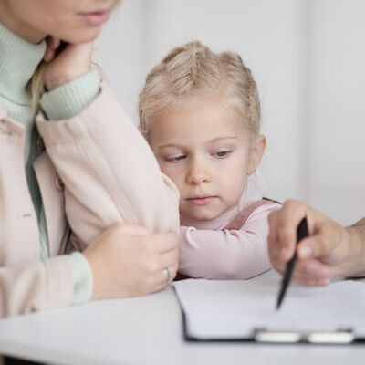 Frau und Kind bei Arztbesuch