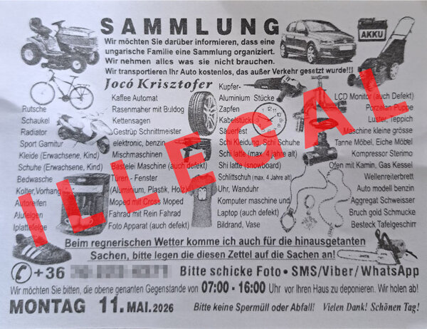 Bild vergr&ouml;&szlig;ern: Der Wurfzettel ruft zur Sammlung von Wertstoffen auf, die beispielhaft aufgelistet werden.