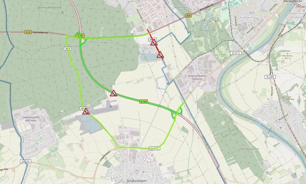 Bild vergr&ouml;&szlig;ern: Der Kartenausschnitt zeigt in roter Farbe die gesperrten Straßen und in grüner Farbe die Umleitungsstrecken.