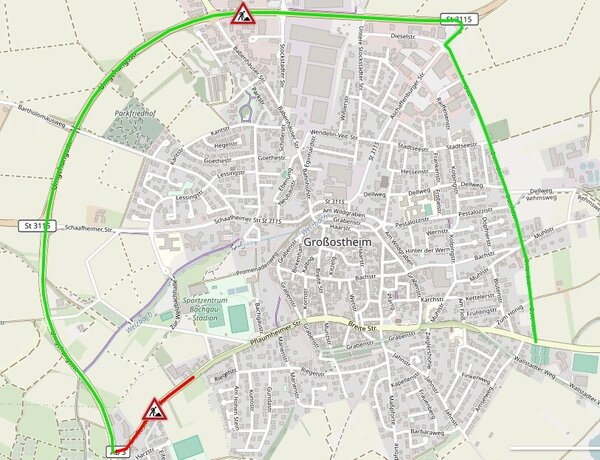 Bild vergr&ouml;&szlig;ern: Auf der Karte ist in roter Farbe die gesperrte Straße eingezeichnet und in grüner Farbe die Umleitungsstrecke