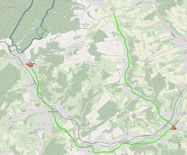 Bild vergr&ouml;&szlig;ern: Der Kartenausschnitt zeigt in roter Farbe die gesperrte Straße und in grüner Farbe die Umleitungsstrecke.